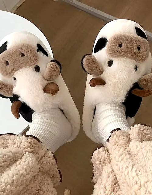 Încărcați imaginea în vizualizatorul Galerie, Women&#39;S Cartoon Cute Cow House Slippers Warm plus Lined Closed Toe Fuzzy Home Slides Women&#39;S Fluffy Comfy Shoes Winter Autumn
