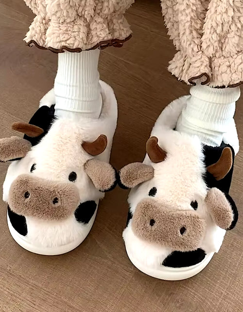 Încărcați imaginea în vizualizatorul Galerie, Women&#39;S Cartoon Cute Cow House Slippers Warm plus Lined Closed Toe Fuzzy Home Slides Women&#39;S Fluffy Comfy Shoes Winter Autumn
